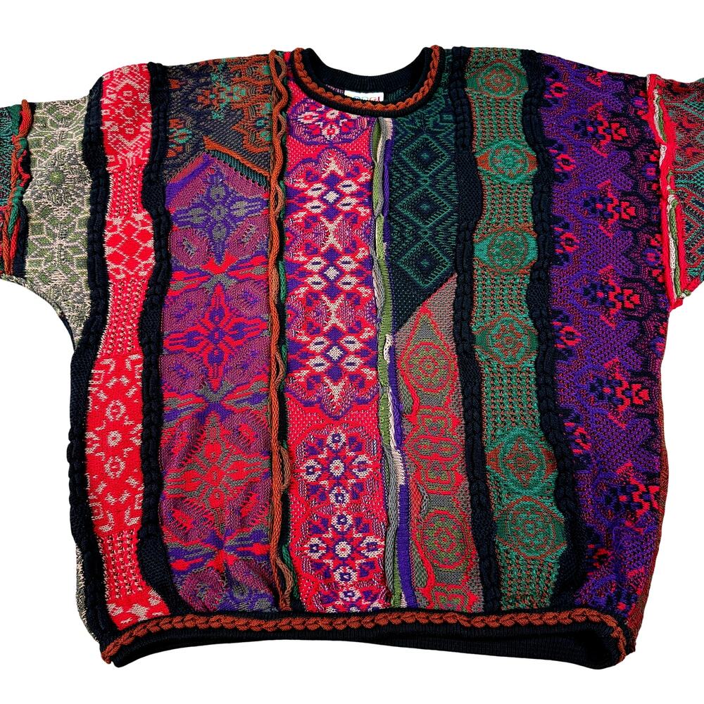 Coogi Sweater XL Vintage Australia 3D Knit Multi-Color Cotton Pullover
